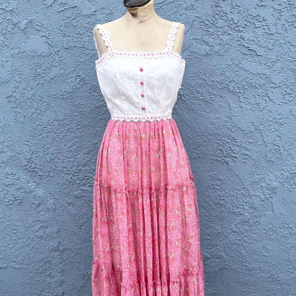 70s Floral Praire Dress in XS Pink Cottagecore Gown - Picture 5 of 10